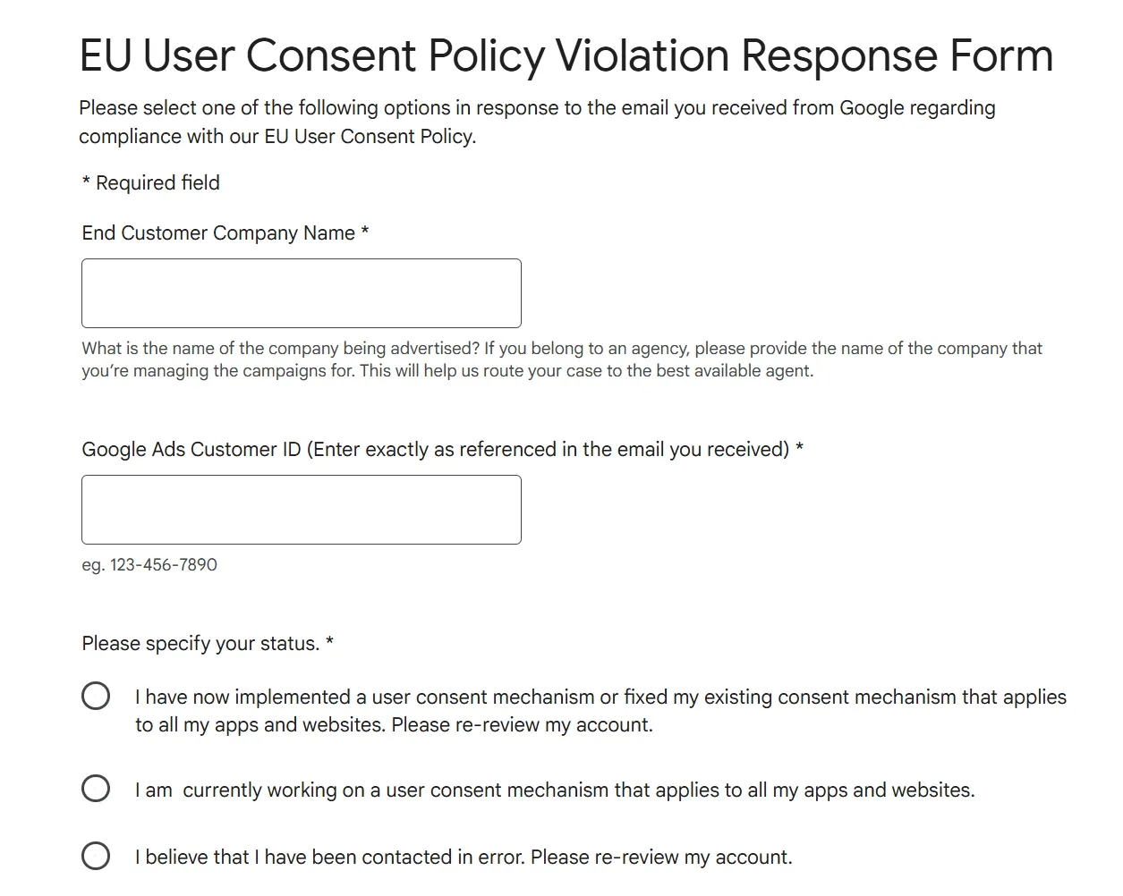 20.6 Form EU User Consent Policy Violation Response Form