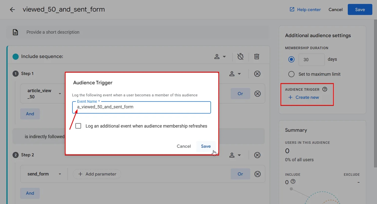 30.15 Create an even based on audience trigger